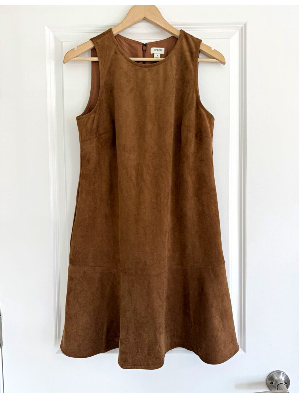 J.Crew Faux Suede Shift Dress Cognac Brown Sleeveless Size 4 Fall Boho chic